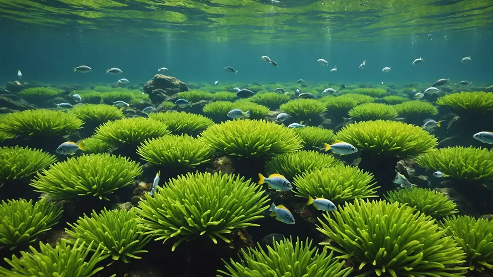 Close-up view of a lush brackish water environment with fish swimming