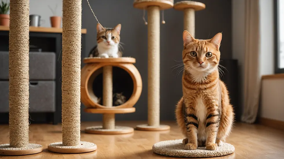 Eye-level view of various scratching posts for cats