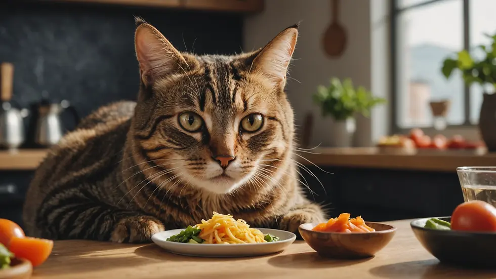 Eye-level view of a calm cat enjoying fresh raw food
