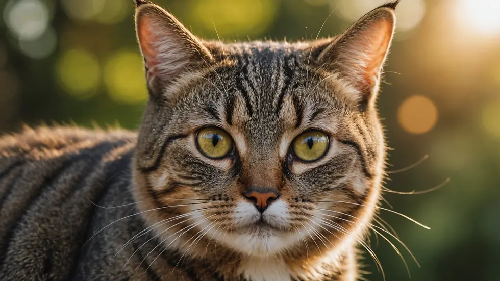 Eye-level view of a curious cat with alert whiskers observing its surroundings