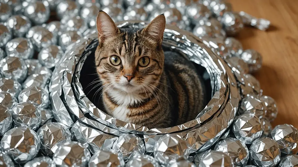 High angle view of a shiny aluminum foil cat ball