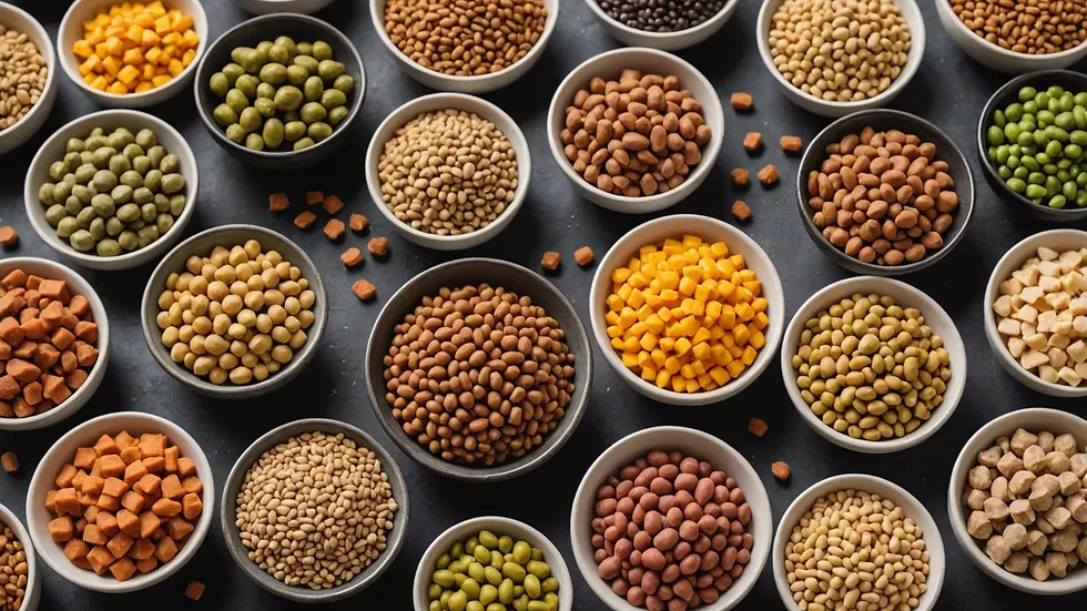 Eye-level view of a variety of cat food options in bowls