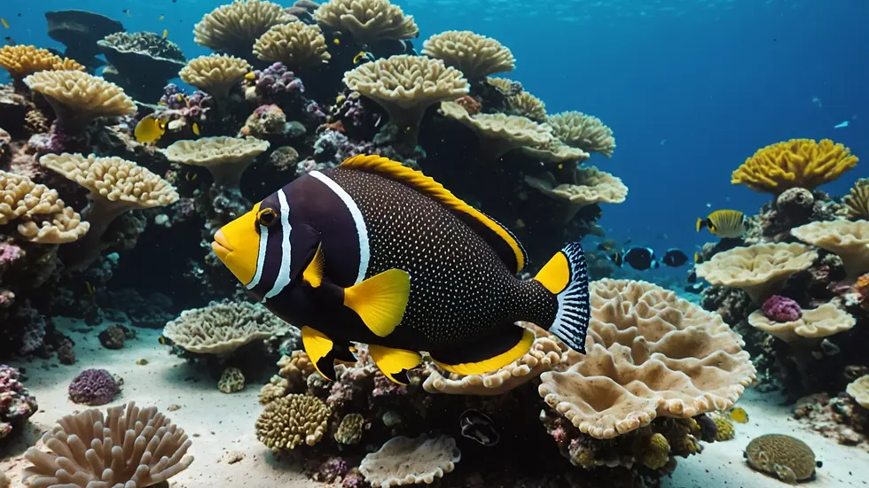 Wide angle view of a Clown Triggerfish showcasing its vibrant colors in a coral reef environment