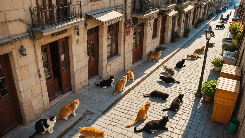 High angle view of a street in Istanbul with cats lounging in the sun