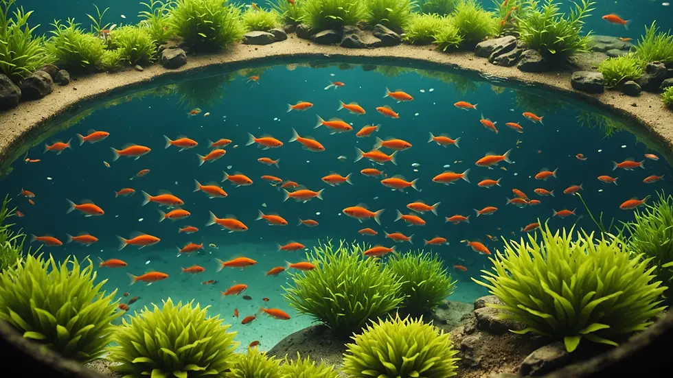 High angle view of a community tank with Rasbora fish schooling together
