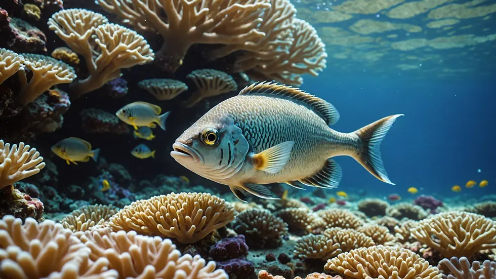 Eye-level view of a fish carefully navigating through a coral structure