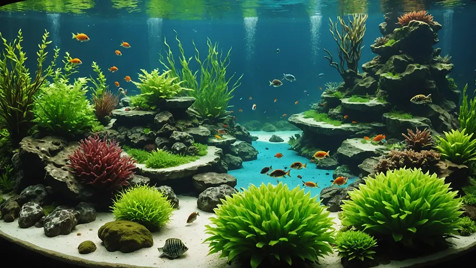 High angle view of a thriving aquarium garden with breeding fish