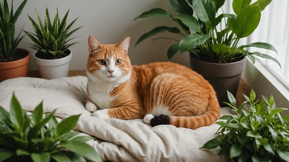 High angle view of a calm cat corner with plants and soft bedding