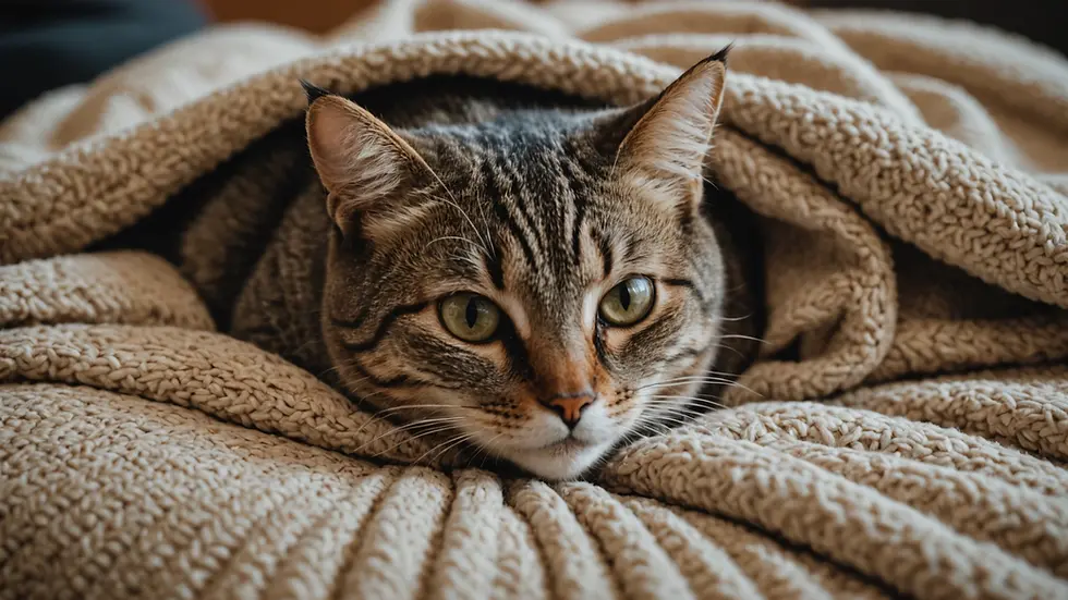 High angle view of a cozy cat curled up on a blanket