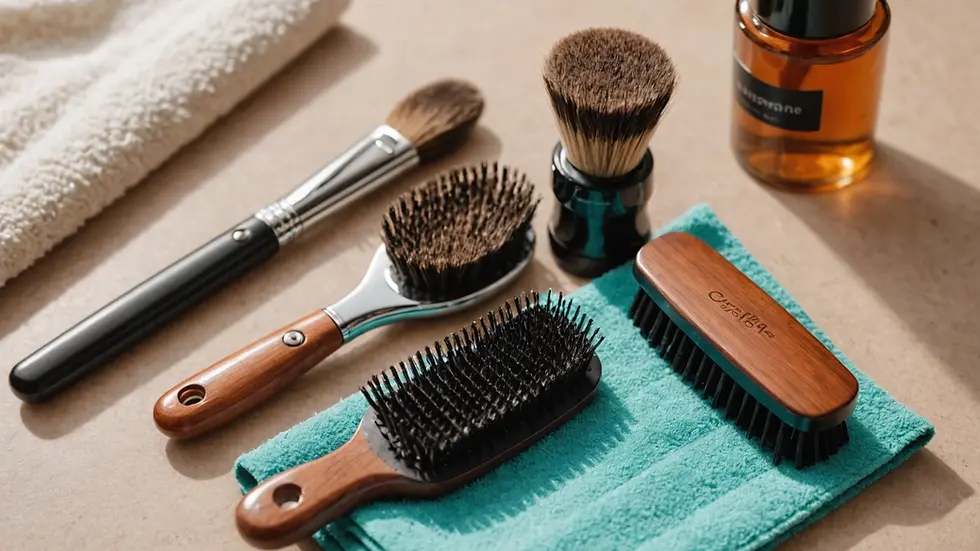 High angle view of a grooming set including brushes and combs on a soft towel
