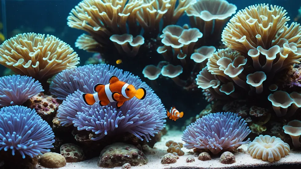 High angle view of a coral reef aquarium featuring a clownfish and anemone combination