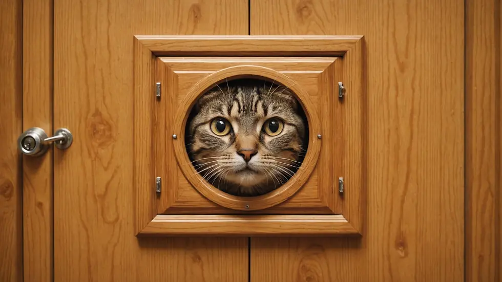 Eye-level view of a cat door installed in a wooden door.