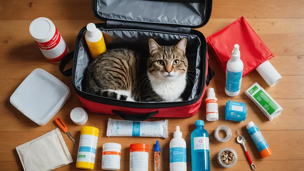 Close-up view of a prepared emergency kit for cats
