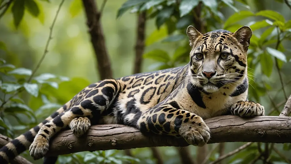 Close-up view of a Sunda clouded leopard lounging on a branch