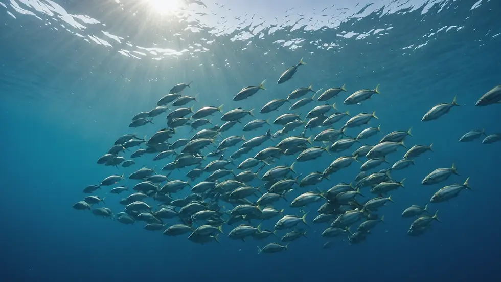 Wide angle view of a large group of fish moving in sync in the ocean
