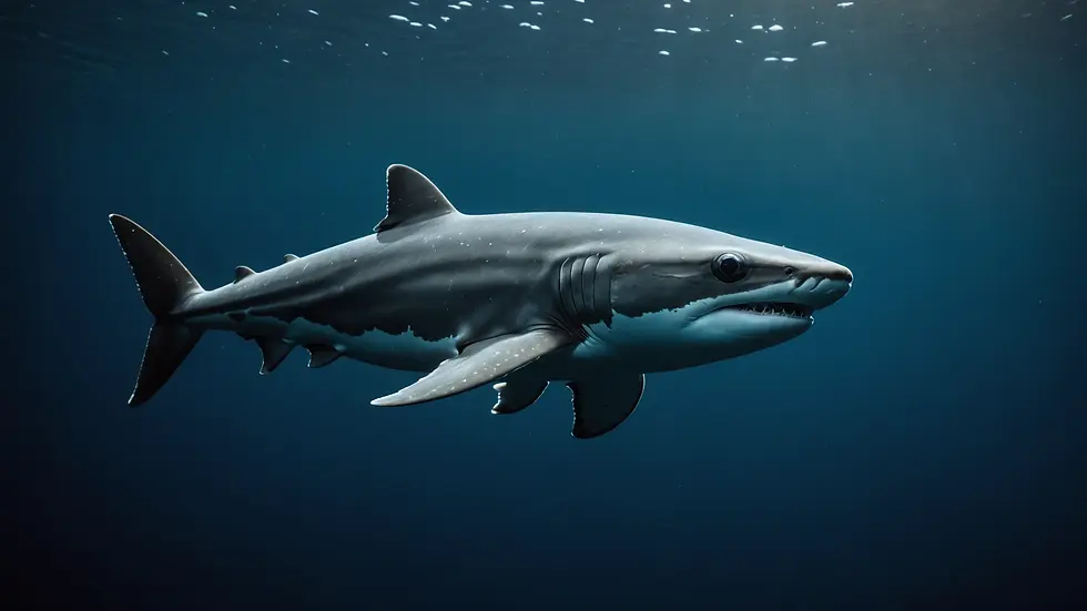 Eye-level view of a cookiecutter shark swimming through dark waters with its bioluminescent features