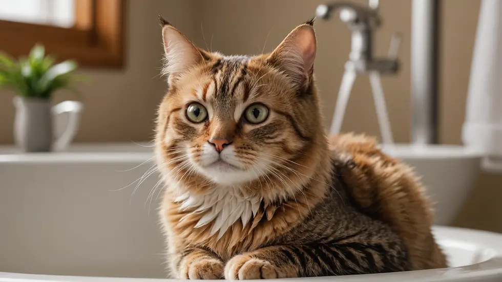 Eye-level view of a cat drying off after a bath