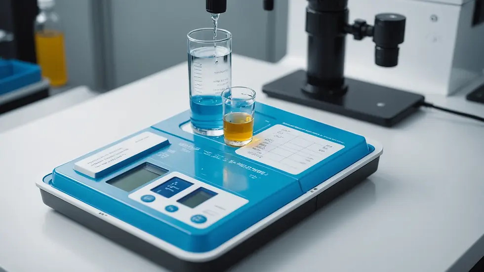 Close-up view of a water test kit displaying various water parameters