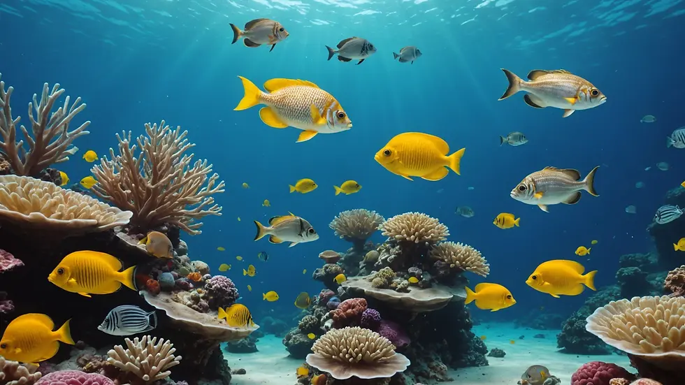 Close-up view of an underwater scene showcasing various fish species