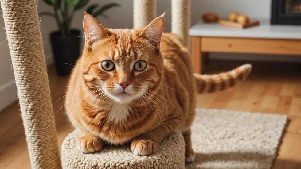 High-angle view of a happy cat playing on a scratching post