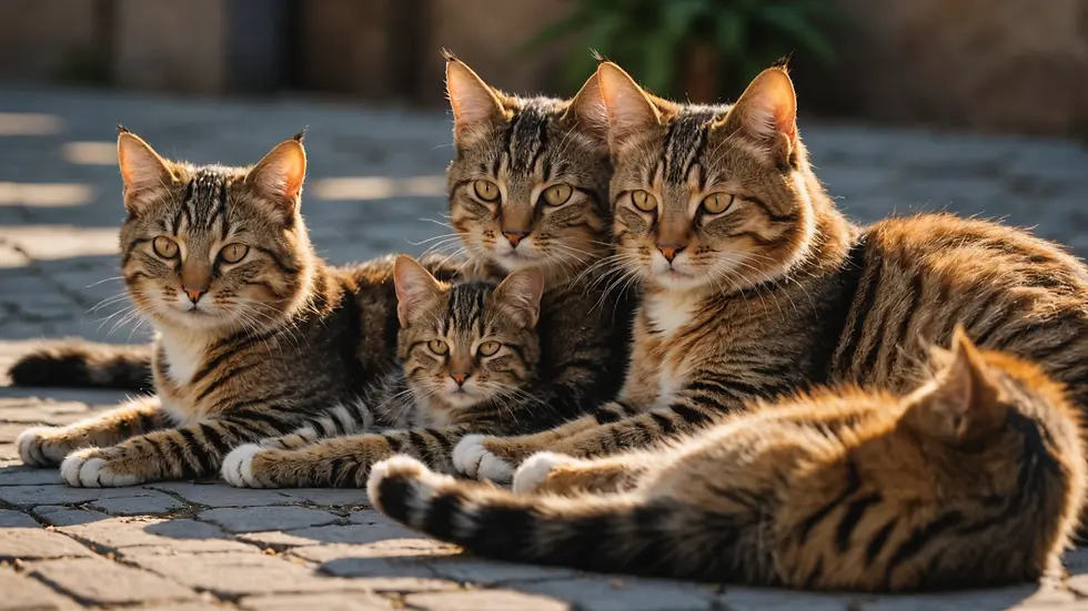 Close-up view of a cluster of feral cats relaxing in a sunlit area