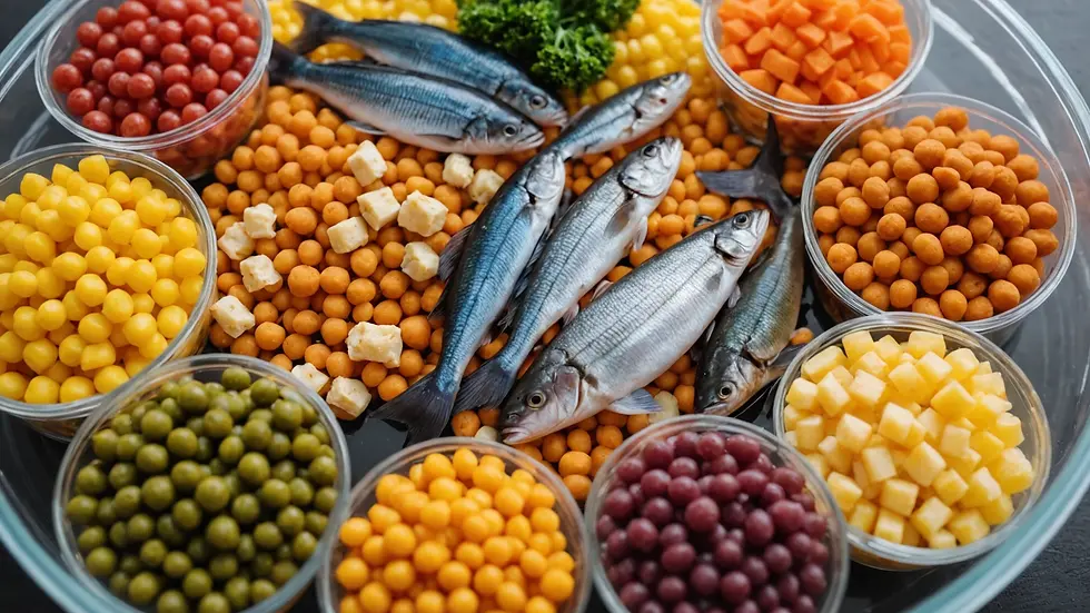 Close-up view of a feeding container with a variety of fish foods