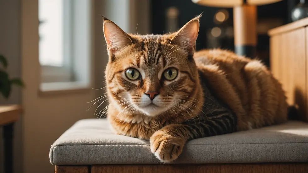 Eye-level view of a cat peeking from behind furniture