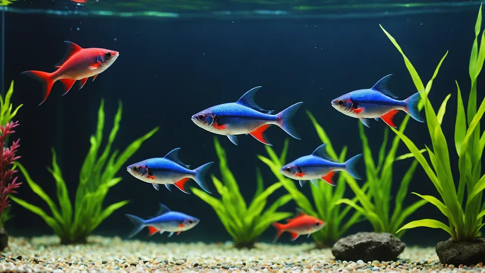 Eye-level view of a vibrant aquarium with colorful neon tetras swimming