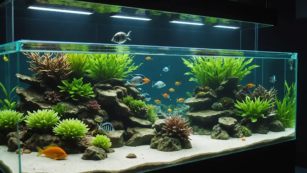Wide angle view of a well-maintained aquarium with plants and fish