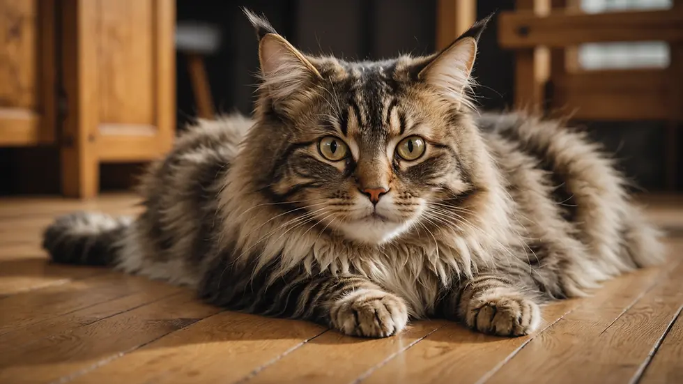 Wide angle view of a Norwegian Forest cat resting on a wooden floor