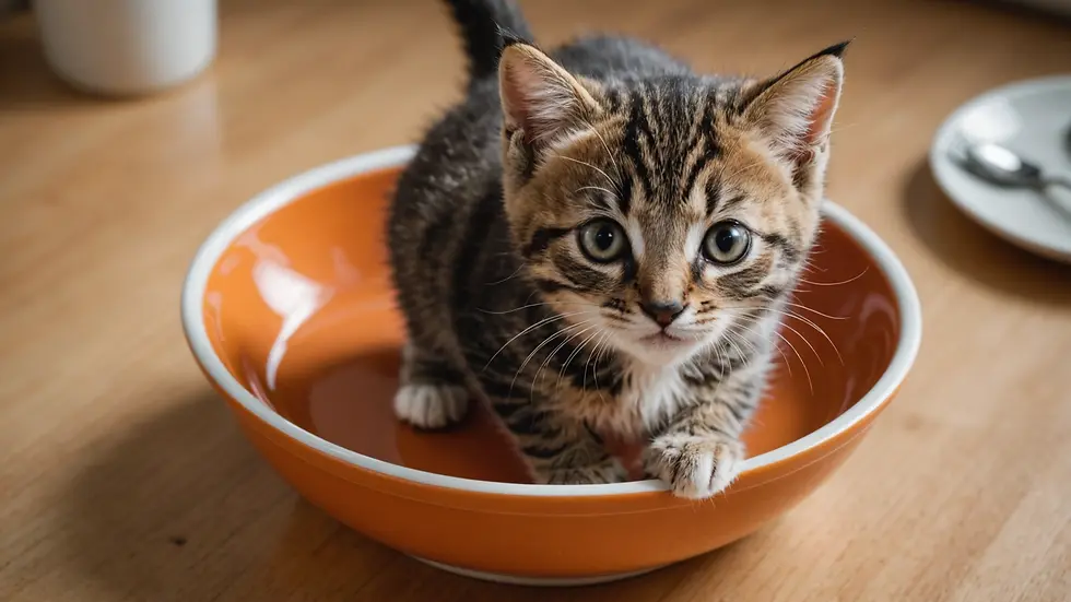 High angle view of a playful kitten on a food bowl