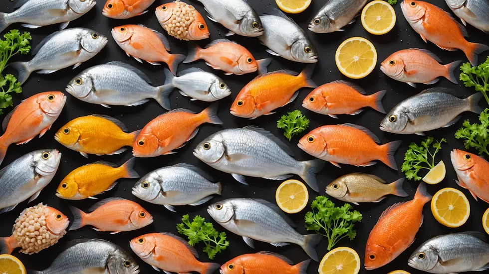 Eye-level view of a variety of fish meal products