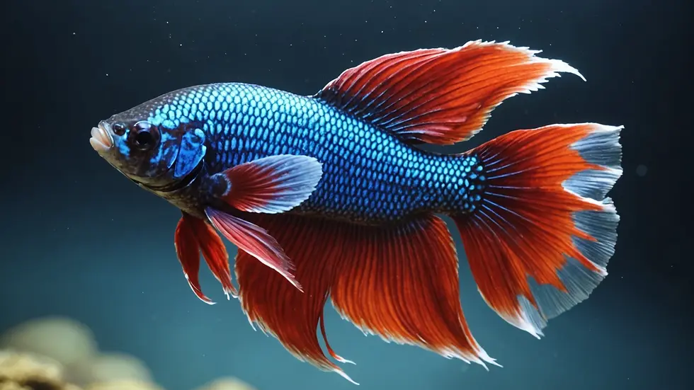 High-angle view of a male betta fish flaring its fins in defense