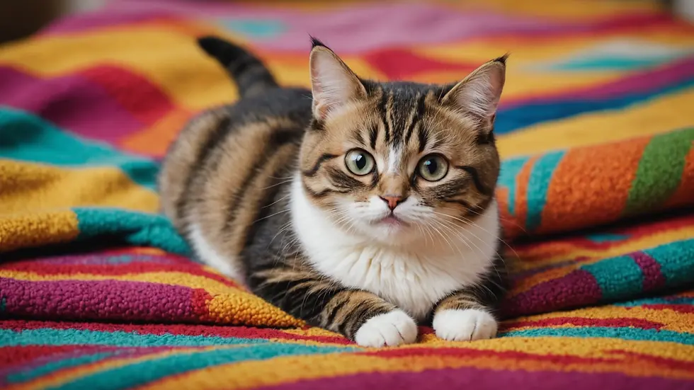 High angle view of a playful Munchkin cat resting on a colorful blanket