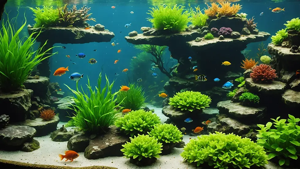 High angle view of an aquarium filled with live plants and vibrant fish