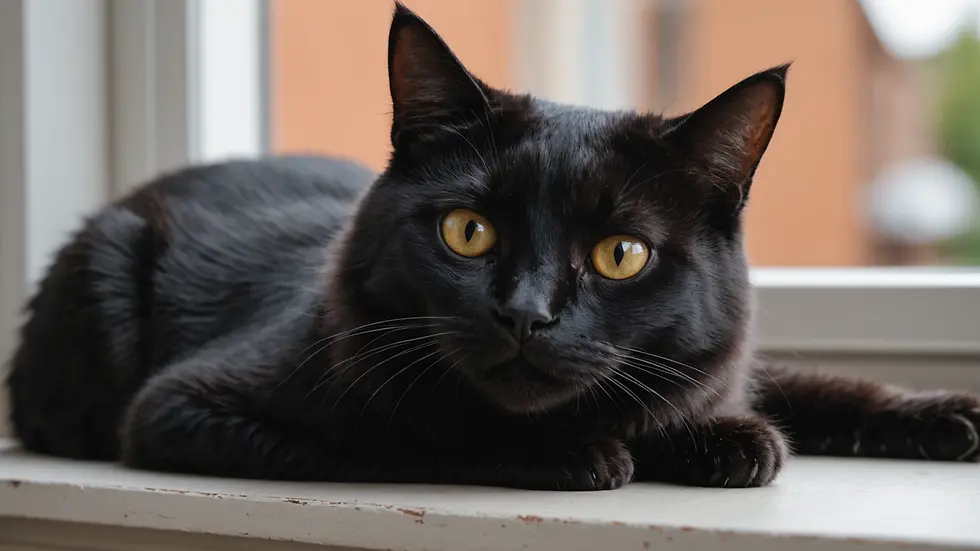 Close-up view of a black cat lounging on a window sill