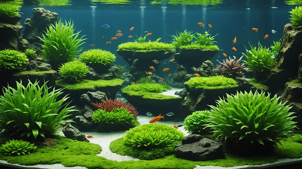High angle view of a serene aquarium with aquatic plants and fish swimming