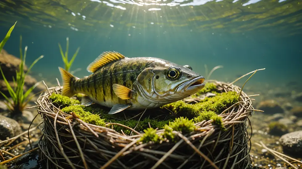 Eye-level view of a stickleback fish nest on the riverbed