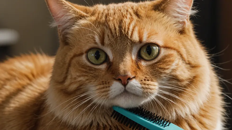 Close-up view of a cat with a grooming brush