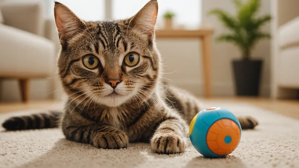 Eye-level view of a cat playing with a toy