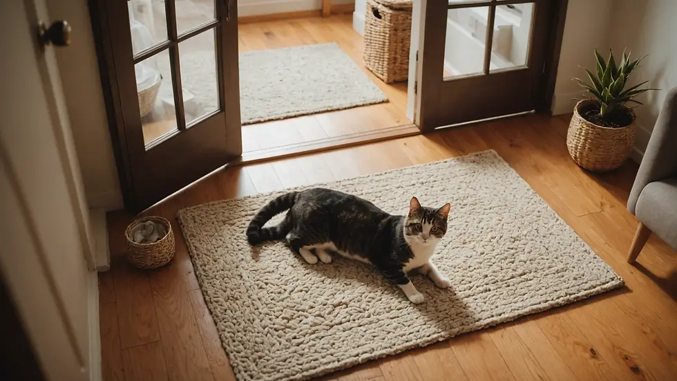 High angle view of a cozy living room with a cat lying by the door