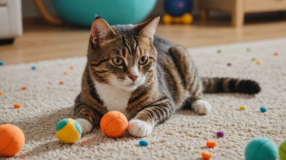 High angle view of a cat with toy scattered around