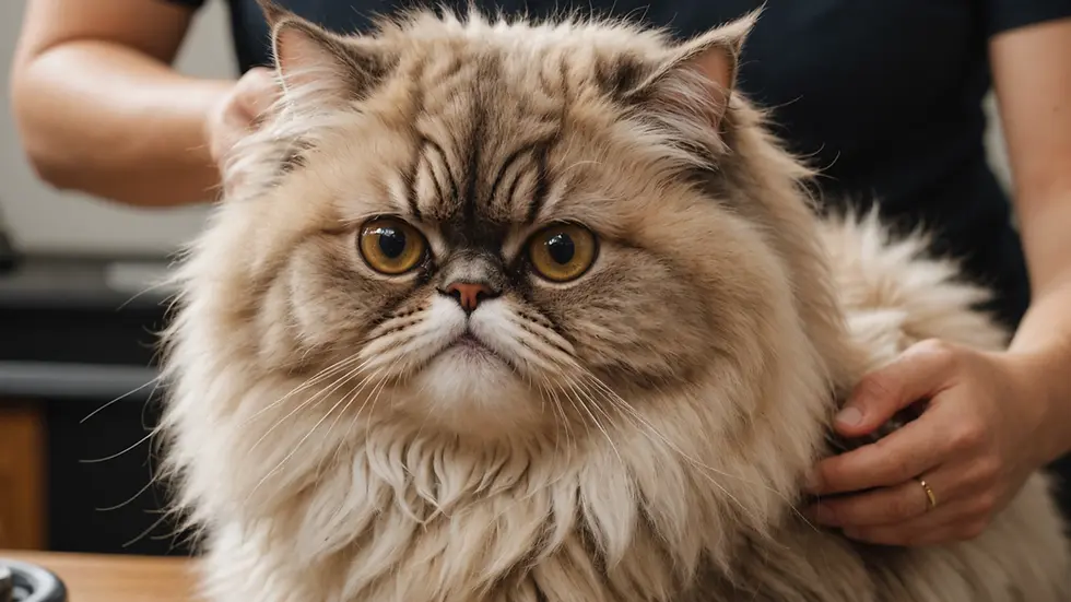 Close-up of a fluffy Persian cat being groomed