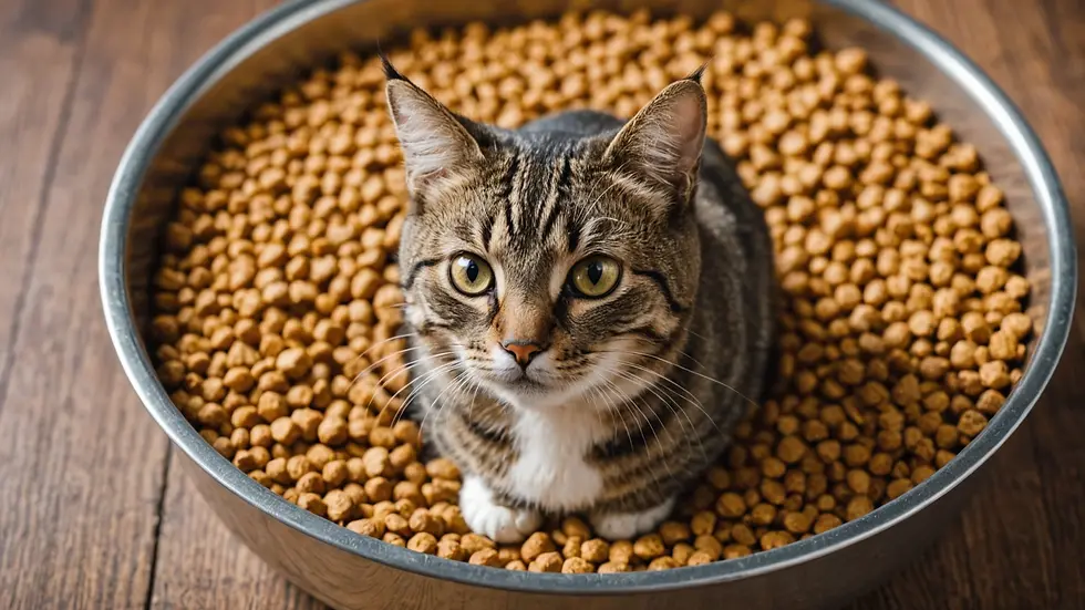 Close-up view of a healthy cat's food bowl filled with nutritious kibble