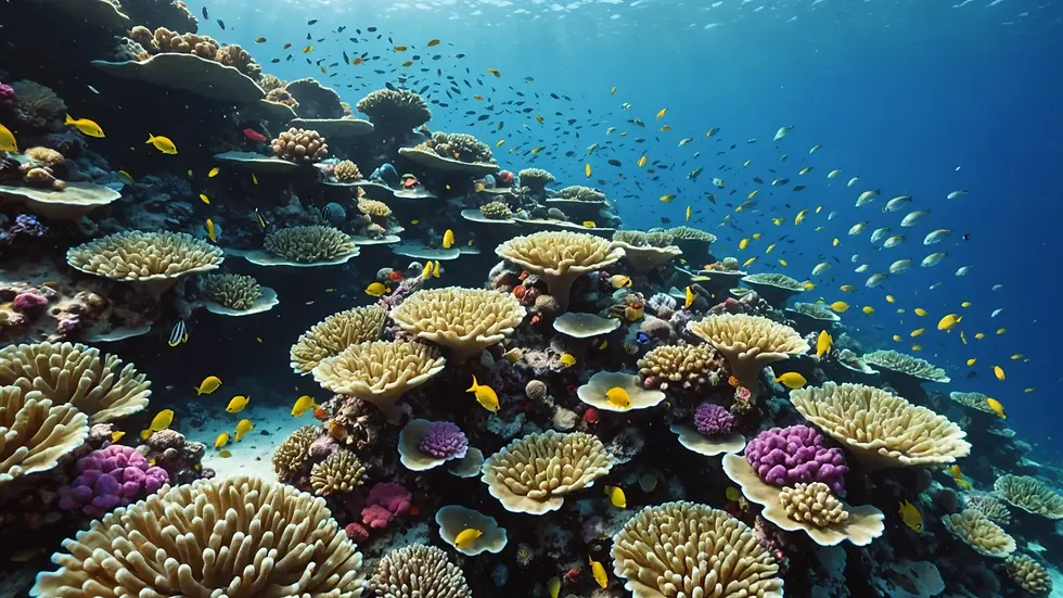 High angle view of a colorful coral reef inhabited by various peaceful fish