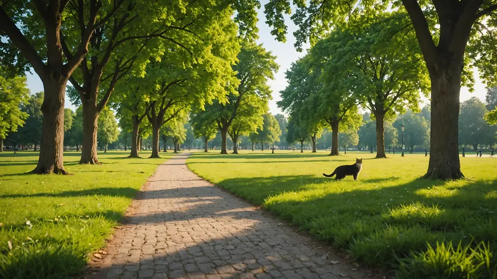 Wide angle view of a peaceful park with a cat exploring the surroundings