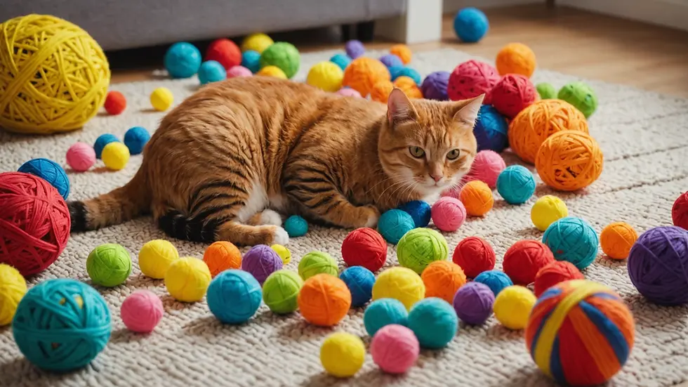 High angle view of colorful cat toys scattered around a cozy room
