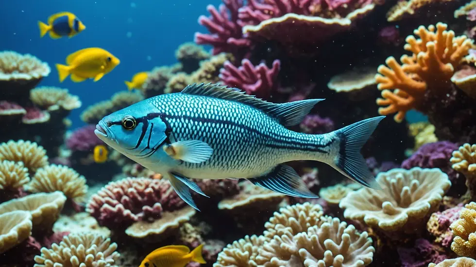 Close-up view of a fish swimming against a colorful reef background