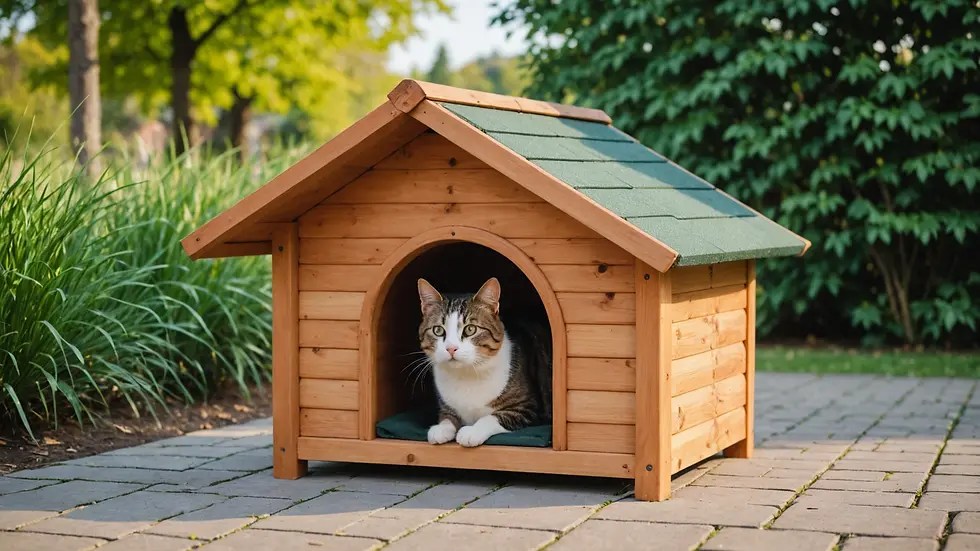 Eye-level view of an outdoor cat shelter designed with durable materials