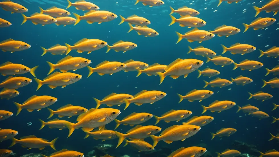 High angle view of a school of fish swimming in synchrony